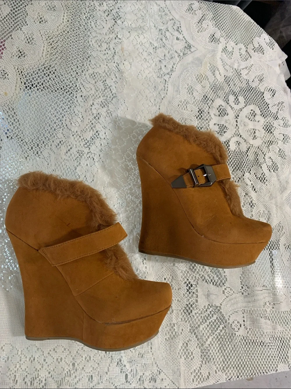Faux Fur Trim Wedge Booties in Cognac Tan with Buckle Detail